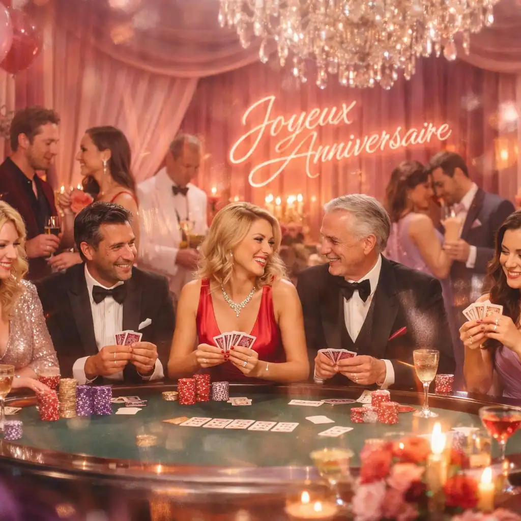 Soirée d’anniversaire poker glamour avec table élégante et lumières festives