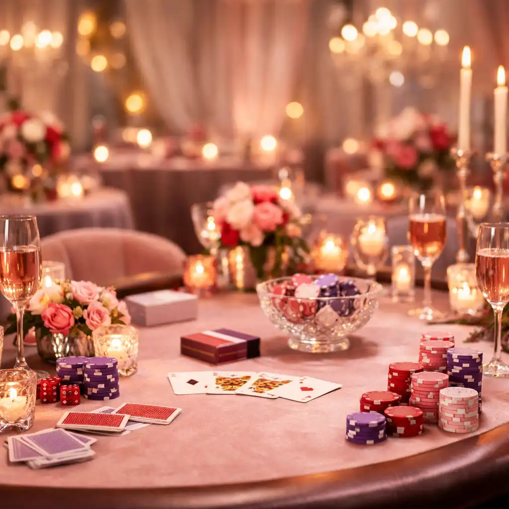 Table de poker festive aux nuances rose, violet et rouge lors d’une soirée glamour en France