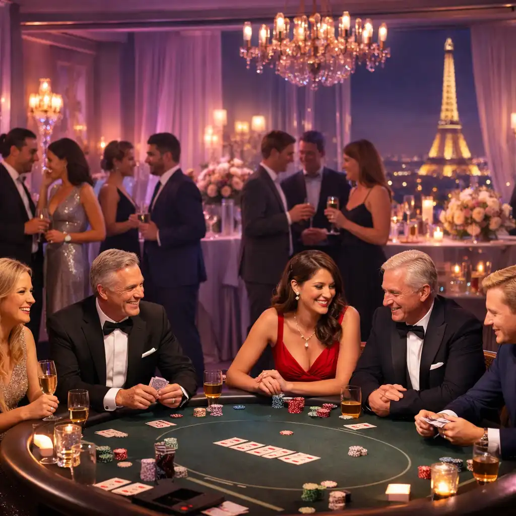 Soirée poker d'entreprise chic avec cocktails et tables de jeu