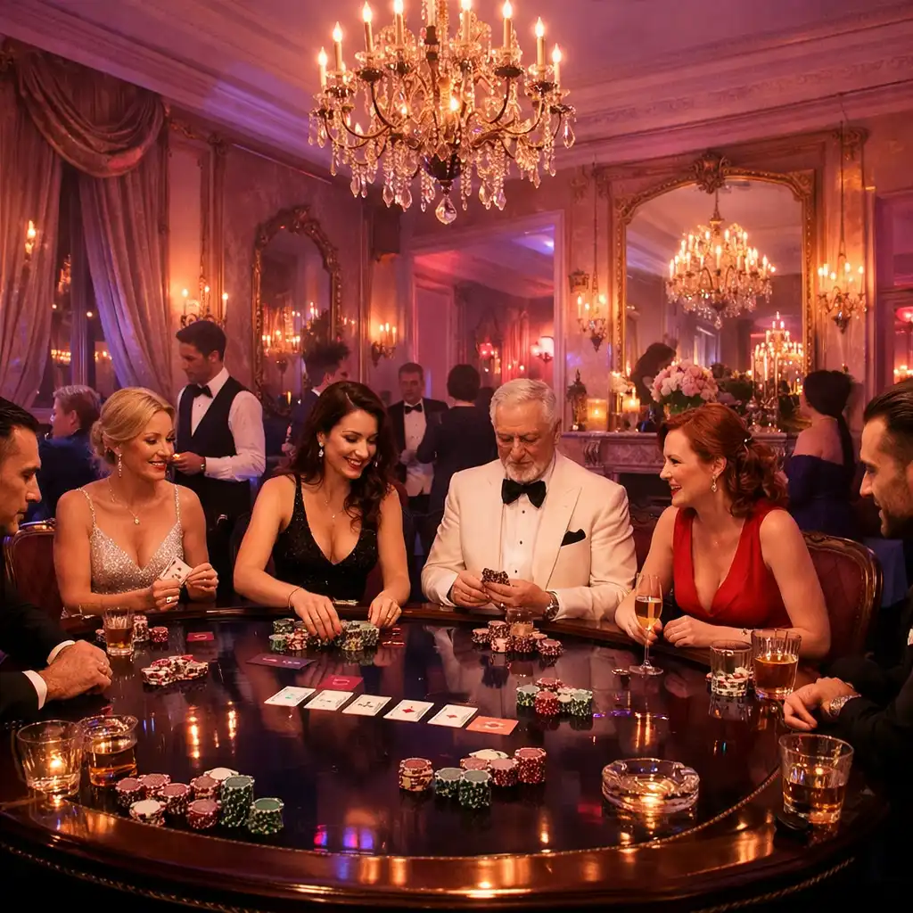 Soirée poker privée élégante avec ambiance lumineuse rose et violette