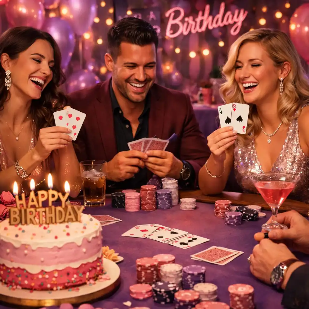 Table de poker élégante décorée pour un anniversaire avec bougies et jetons colorés