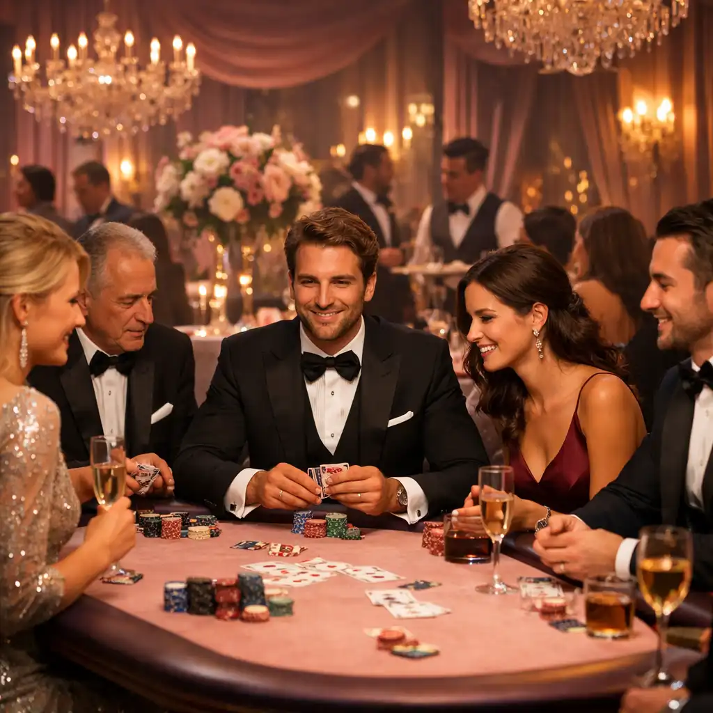 Ambiance glamour d’une soirée poker Malinovia avec table illuminée et invités élégants