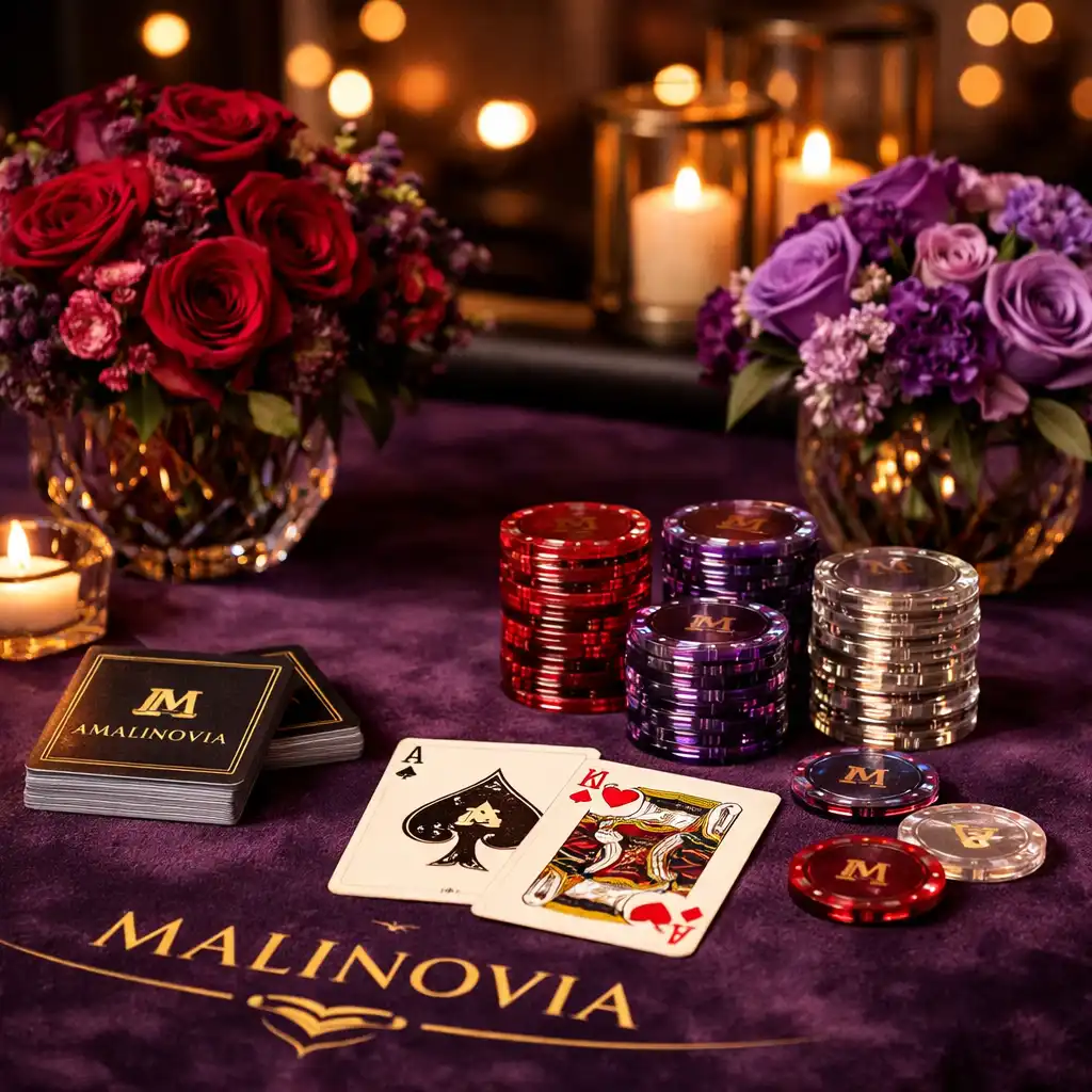 Mise en place raffinée d’une table de poker avec cartes, jetons et verres
