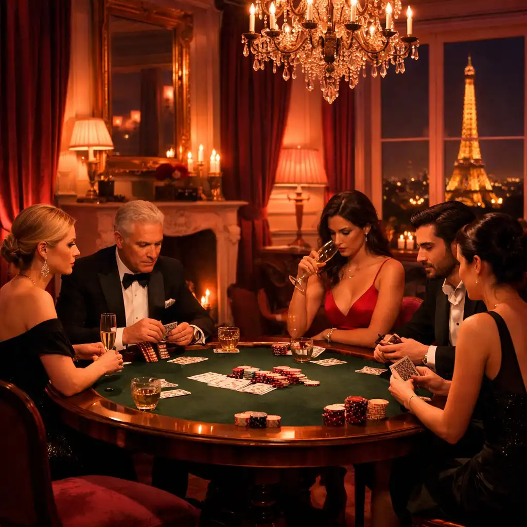 Soirée poker privée dans un salon feutré avec invités élégants
