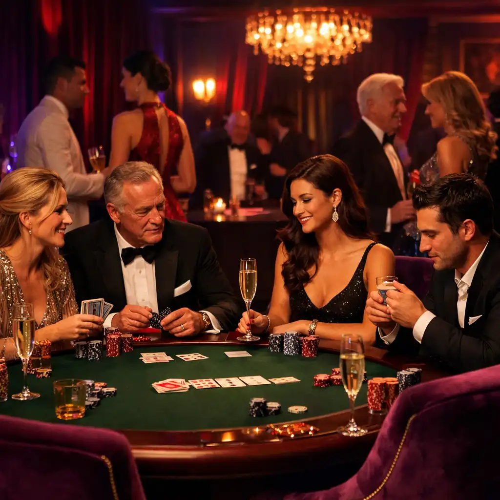 Soirée poker VIP avec invités en tenue de soirée autour d’une table illuminée