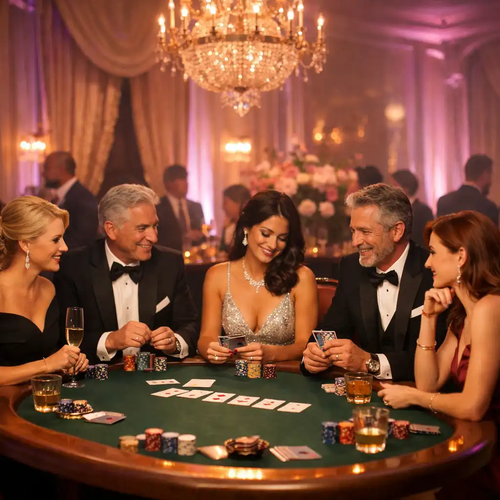 Ambiance glamour d'une soirée poker Malinovia avec lumières roses et violettes