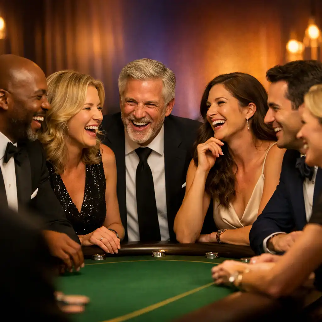 Invités souriants autour d'une table de poker lors d'une soirée festive
