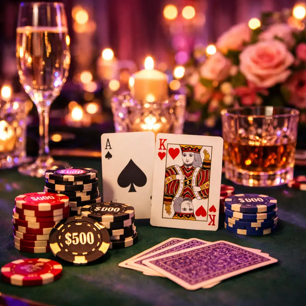 Table de poker glamour avec jetons et cartes lors d'une soirée Malinovia