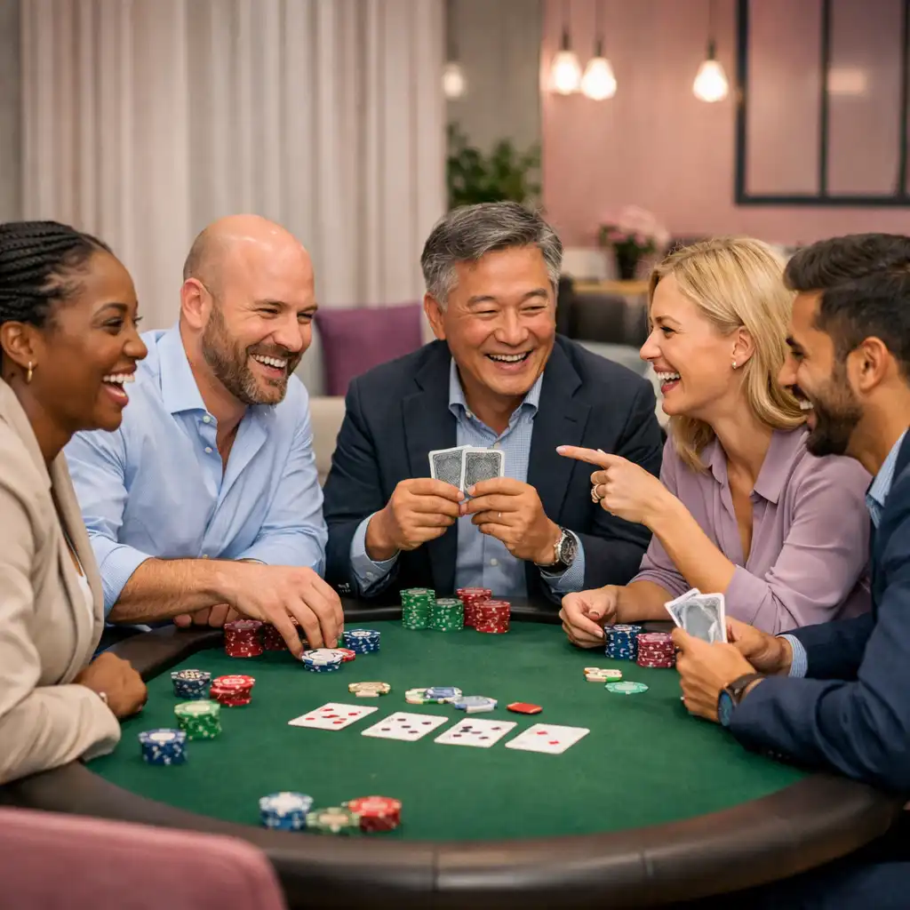 Équipe d'entreprise réunie autour d'une table de poker lors d'un team building Malinovia
