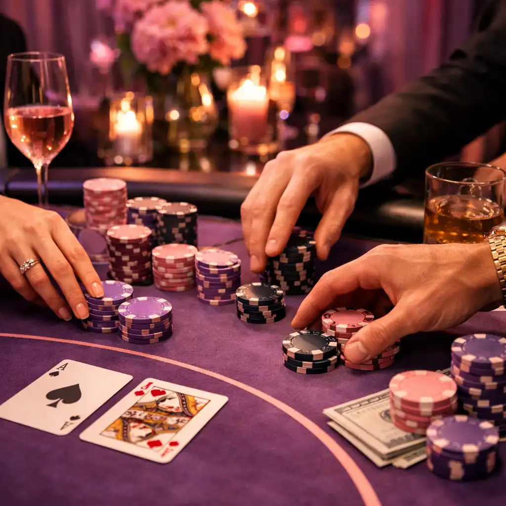 Ambiance de soirée poker privée avec invités élégants autour d’une table