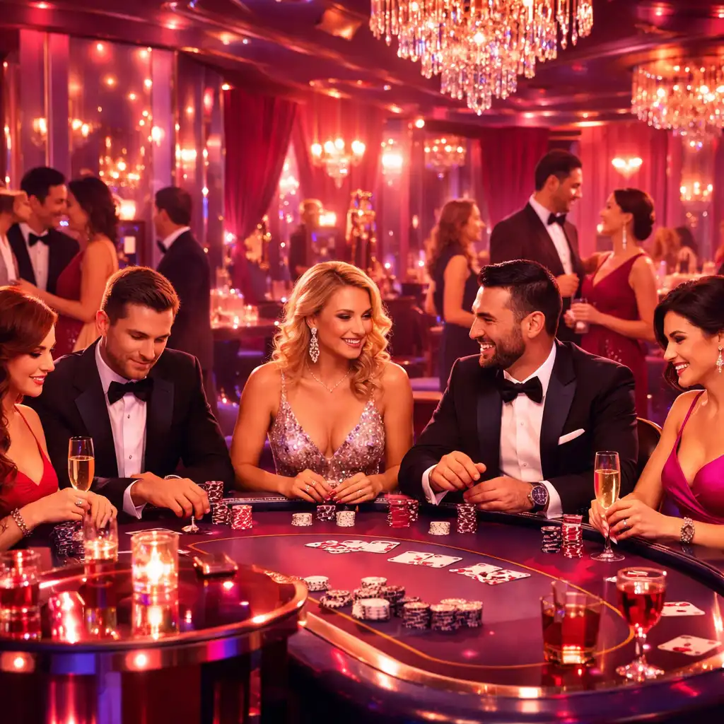 Soirée poker VIP glamour avec tables élégantes et ambiance feutrée