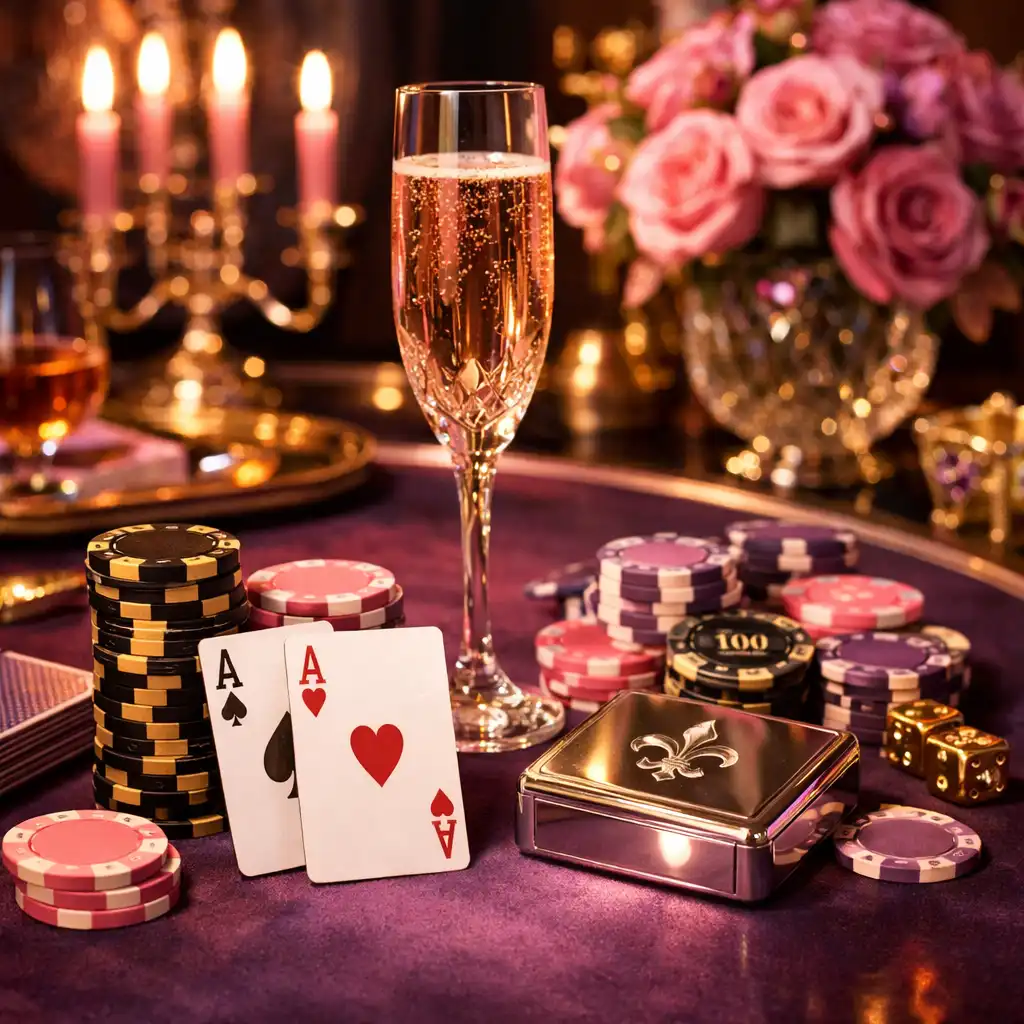 Table de poker VIP Malinovia avec jetons, cartes et lumière rose-violette